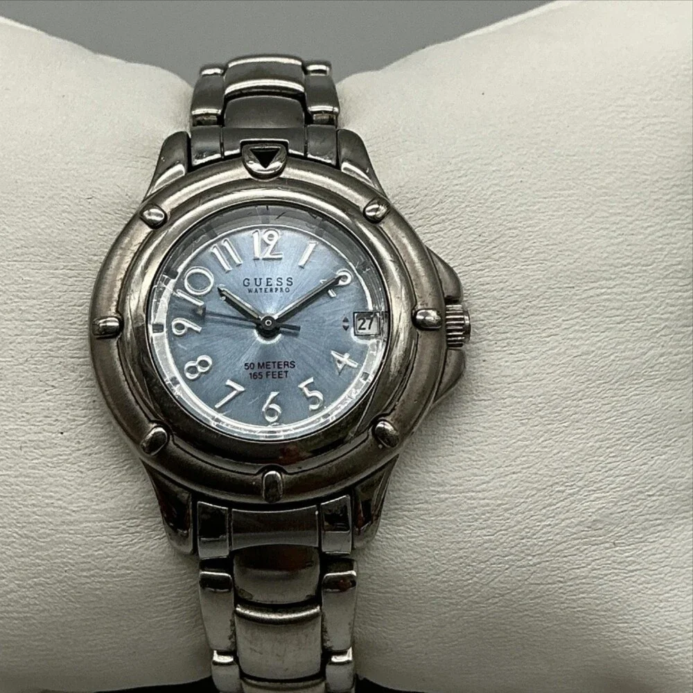 Guess Waterpro Womens Watch 29mm Blue Dial Date Silver Tone New Battery 5.75